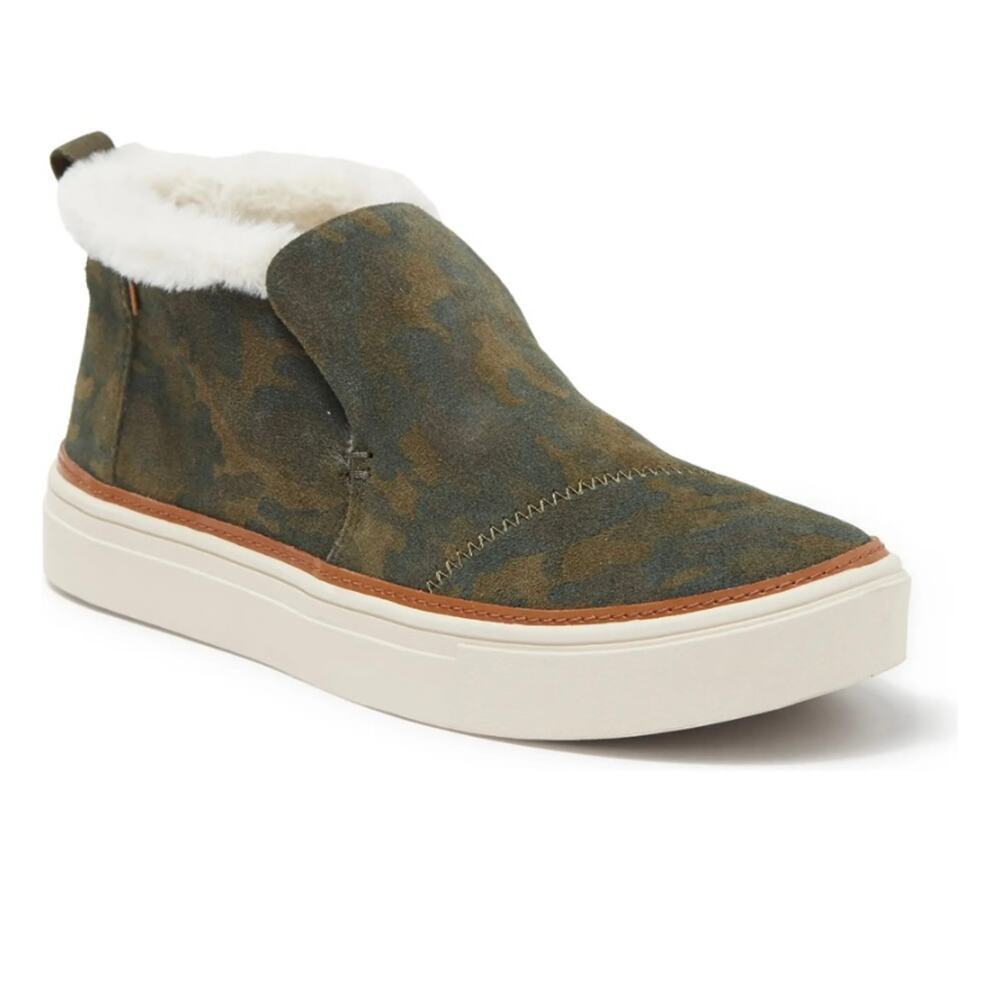 Toms Paxton Boot Size 8.5 Forest Green Camouflage Suede Faux Fur Trim Slip On